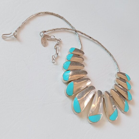 Vintage Sterling Silver Turquoise Enamel Necklace - Picture 2 of 10